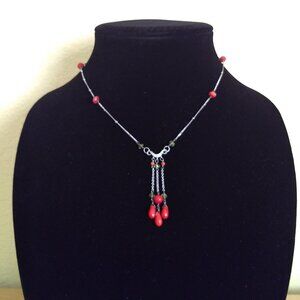 Red Green Faceted Bead Silver Necklace  Marked SV 925  Delicate Dangle Party